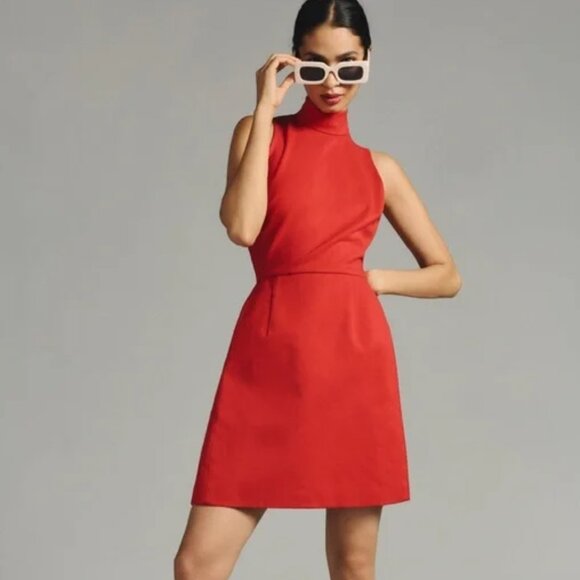 Anthropologie Hutch Mock Neck Mini Dress Open Back Red Coral Women's Size Large - Picture 1 of 9